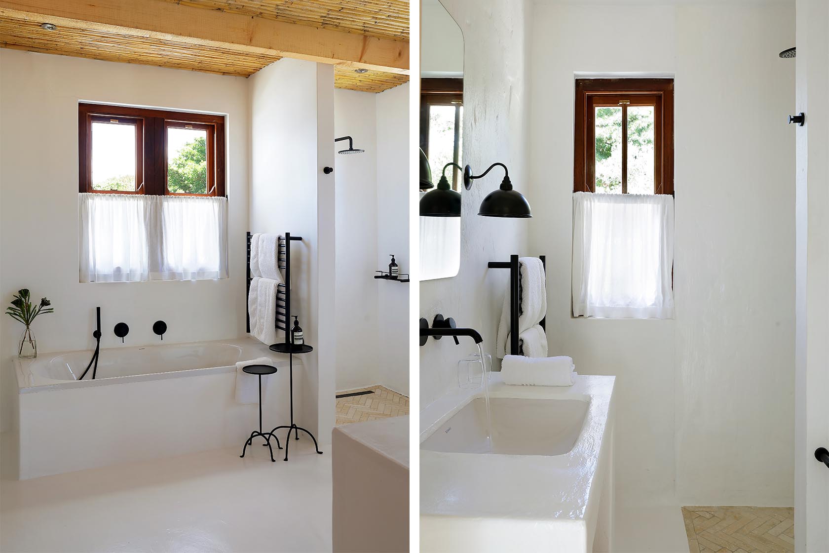 Perfect Hideaways: Secluded courtyard with a circular stone plunge pool, curved loungers and olive‑framed planting, Knysna, Tides Reach