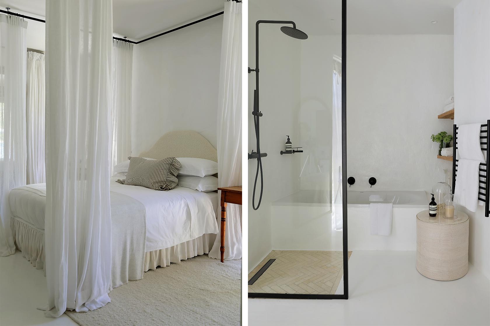Perfect Hideaways: Minimalist bathroom with plastered walls, wall-mounted basin and matt black fittings, café-curtained window and walk-in shower, Knysna, Tides Reach