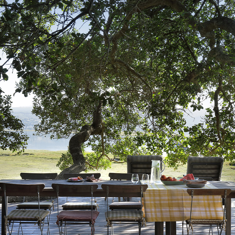Perfect Hideaways outdoor dining deck beneath shaded milkwood trees with lagoon views, wooden table setting and relaxed waterfront atmosphere at Lagoon Retreat Milkwood, Brenton-on-Lake