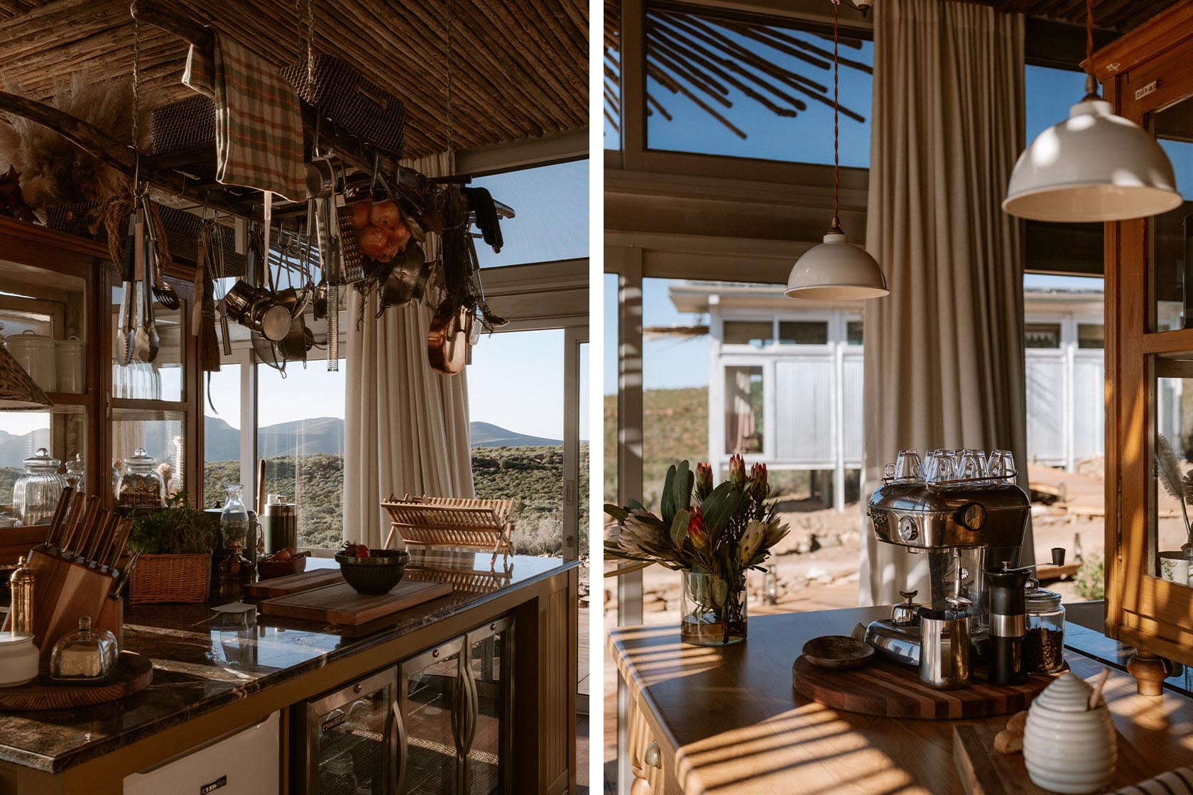 Perfect Hideaways rustic kitchen with hanging cookware, handcrafted finishes and panoramic mountain views, Jackals Rest, Montagu.